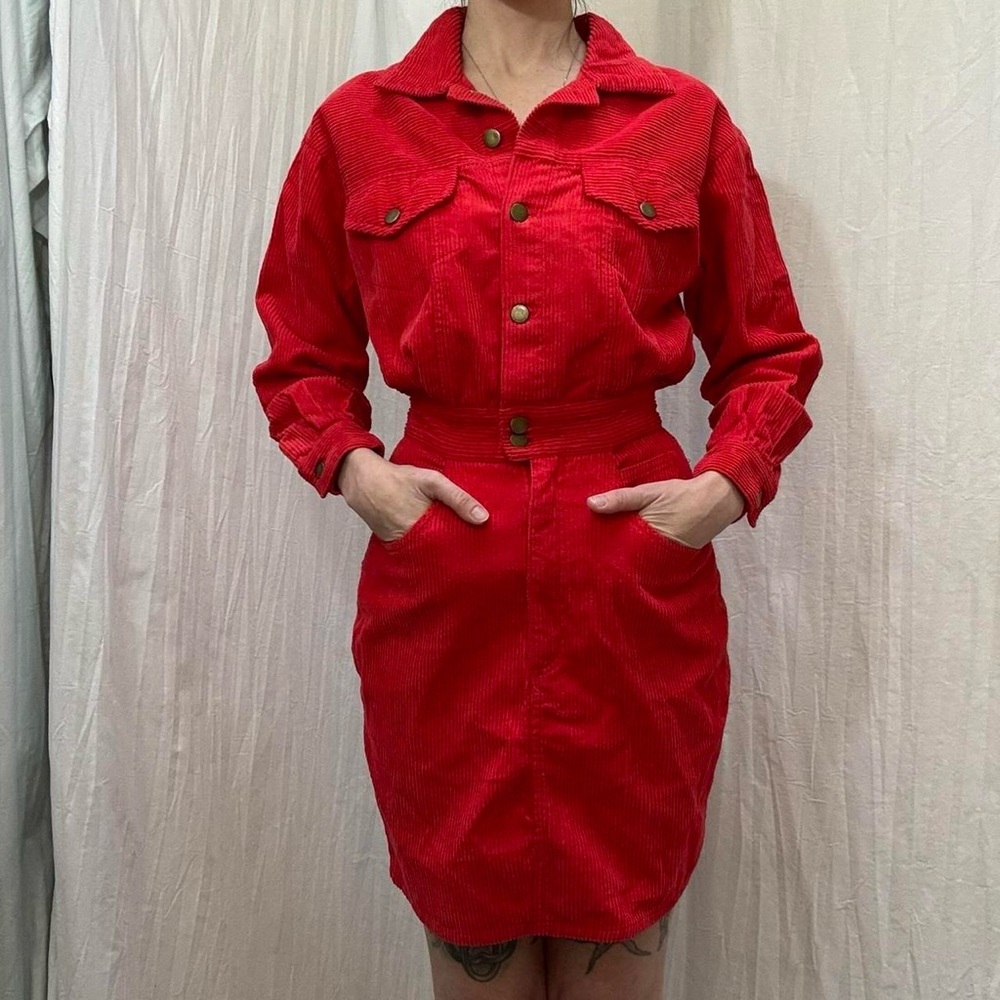 Red‎ Corduroy Long Sleeve Shirt Pencil Skirt Dress Vintage 90s